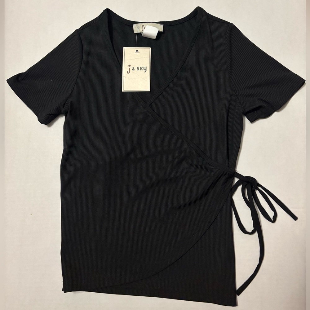 New! J & Sky Women Wrap Top Short Sleeves Black XS